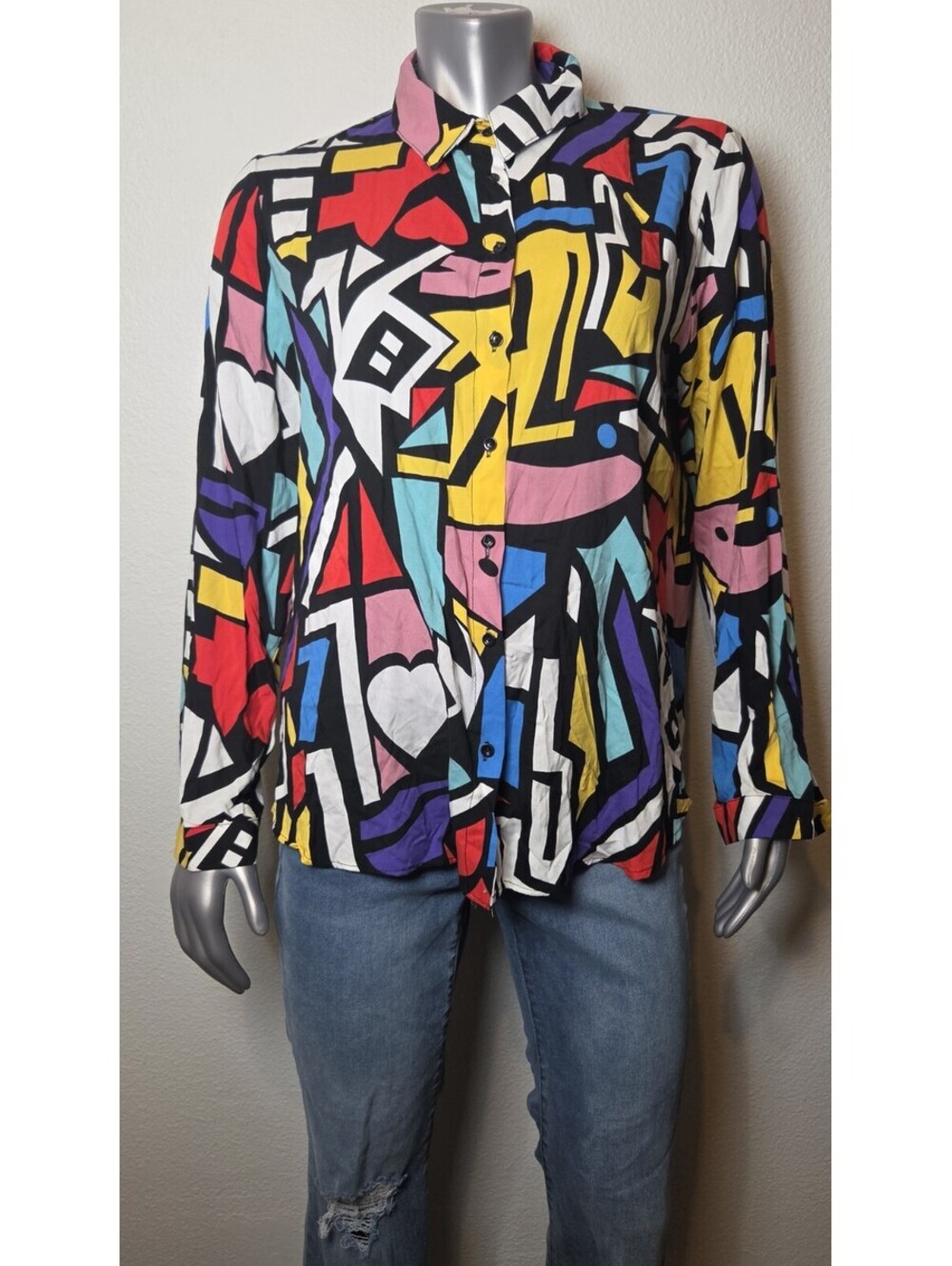 Vintage Big Dart Geometric Pop Art Print Blouse Shirt Women EU 48 XL US Colorful